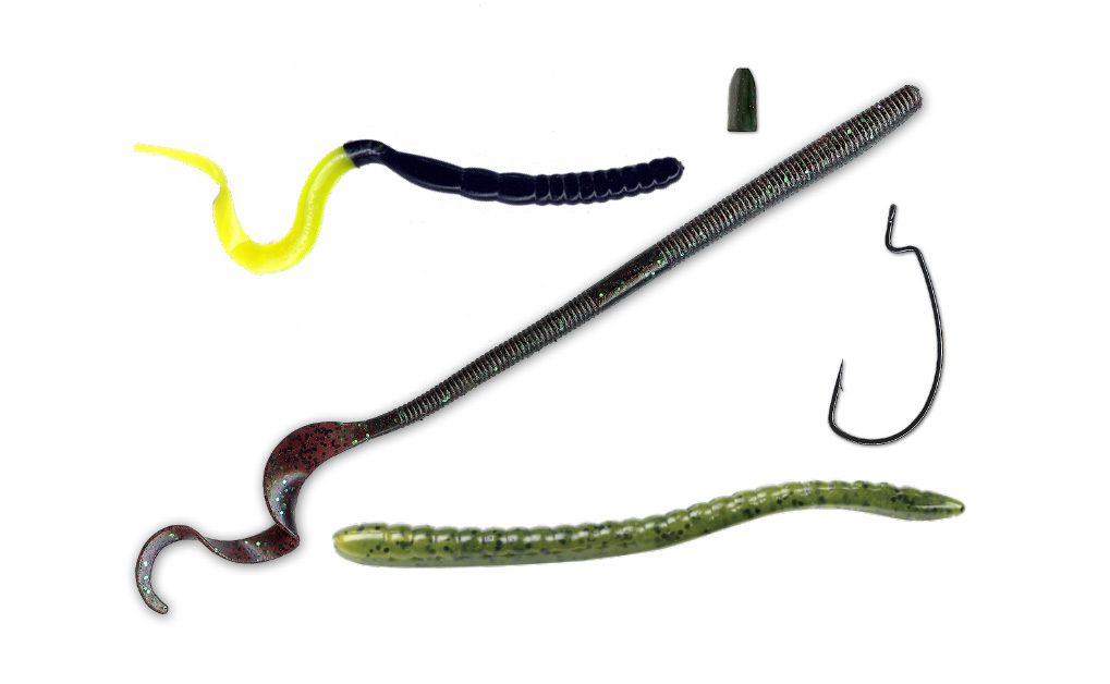 Soft plastic worms and a texas rig hook and weight