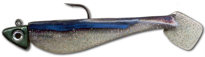 A blue and silver soft plastic swimbait on a white background