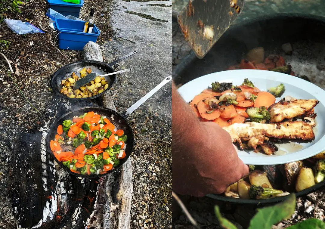 A shore lunch of Northern Pike, potatoes, and vegetables