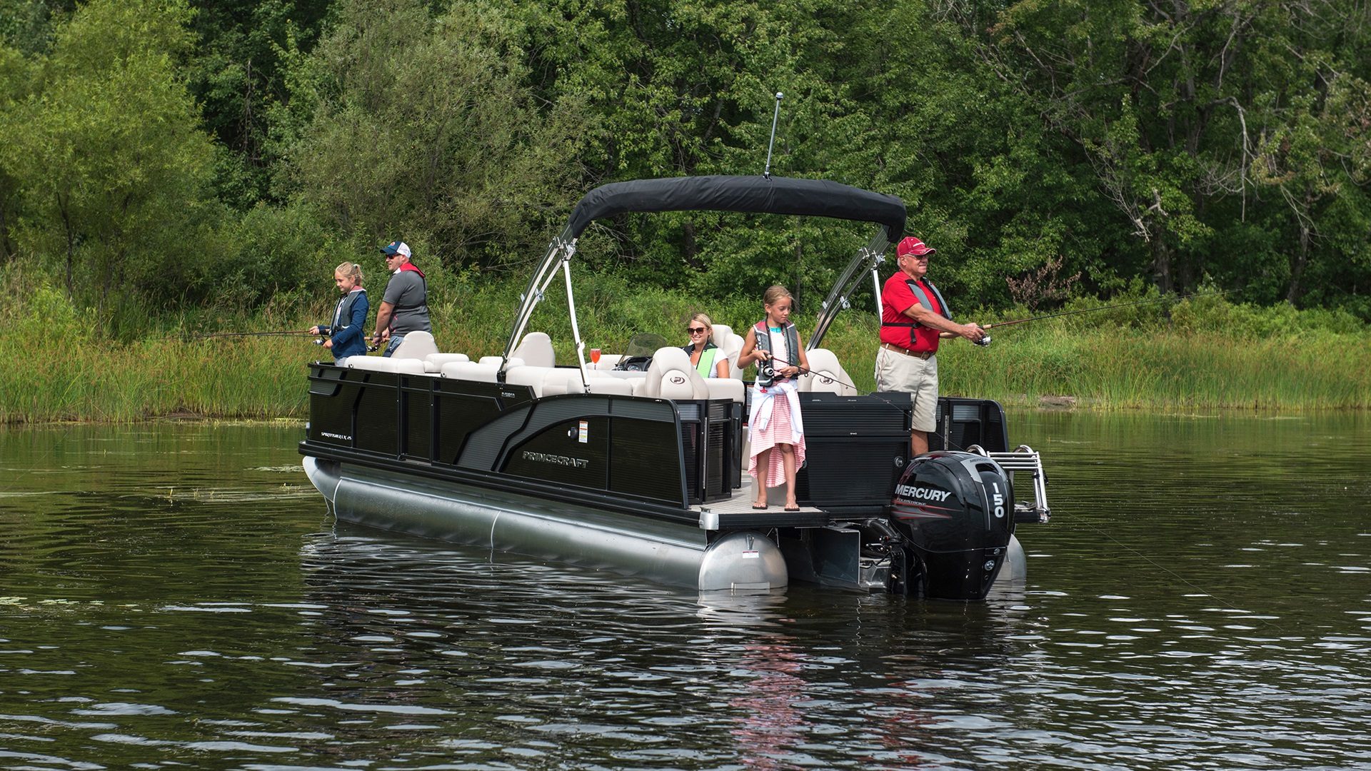 Family fishing from boat