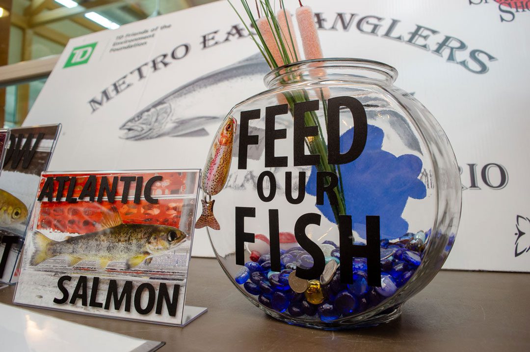 A bowl that reads Feed Our Fish and Atlantic Salmon