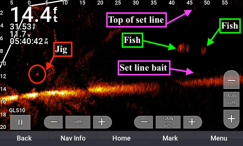 The screen of a Garmin fishfinder showing the angler's tip up thanks to LiveScope's forward view.