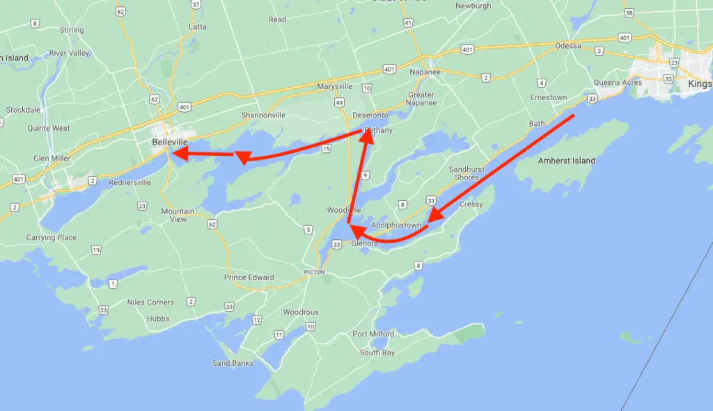 A map of Ontario's Bay of Quinte showing the winter walleye migration