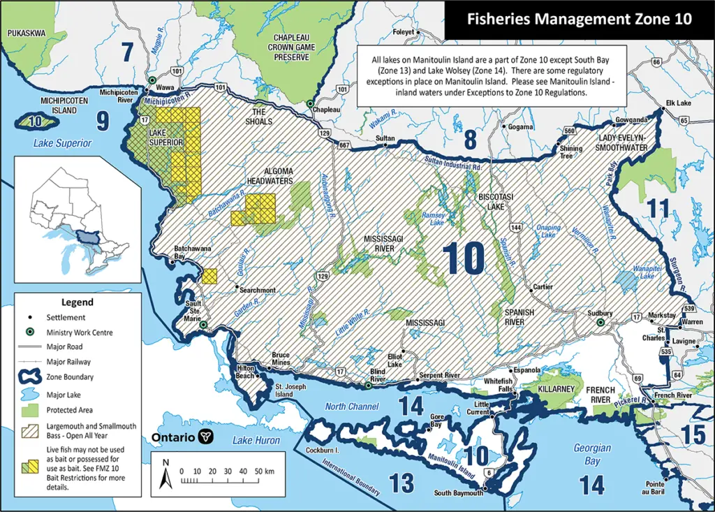 Map of Ontario's FMZ 10 where the walleye regulations have been changed