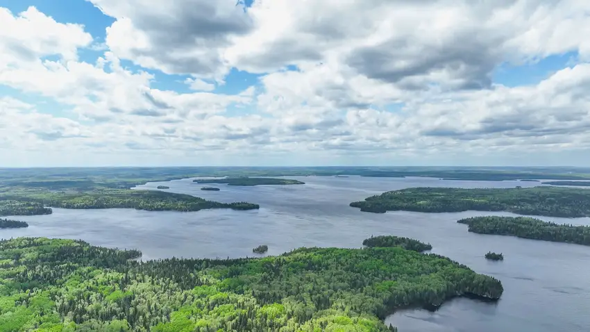 An aerial shot of Perrault Lake